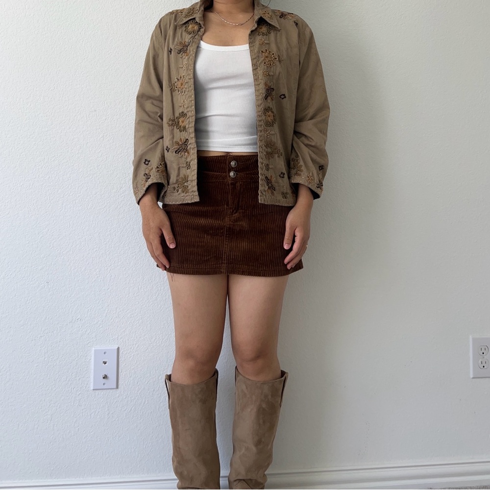 Chico's Embroidered Tan Jacket with Black Lining